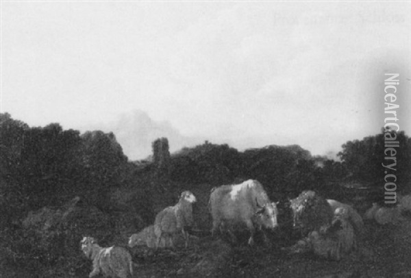 A Cowherd Resting With His Livestock In An Italianate Landscape Oil Painting - Domenico Brandi