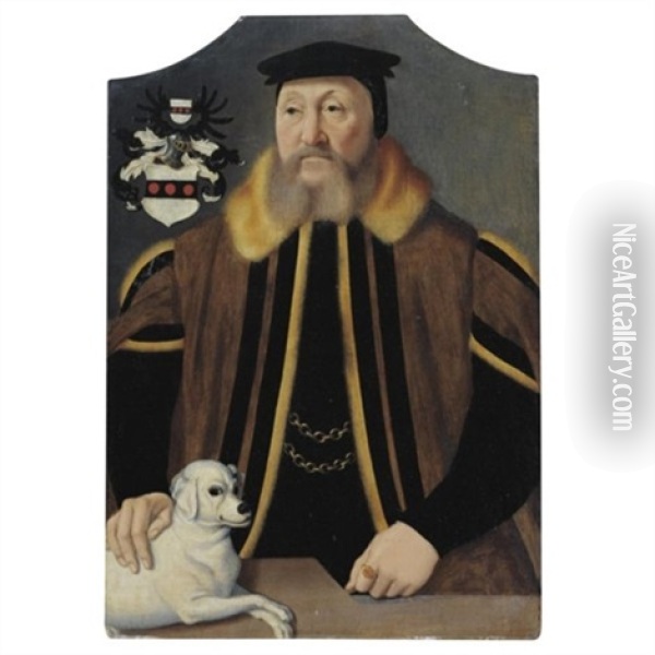 Portrait Of A Gentleman With His Dog Oil Painting - Bartholomaeus Bruyn the Elder