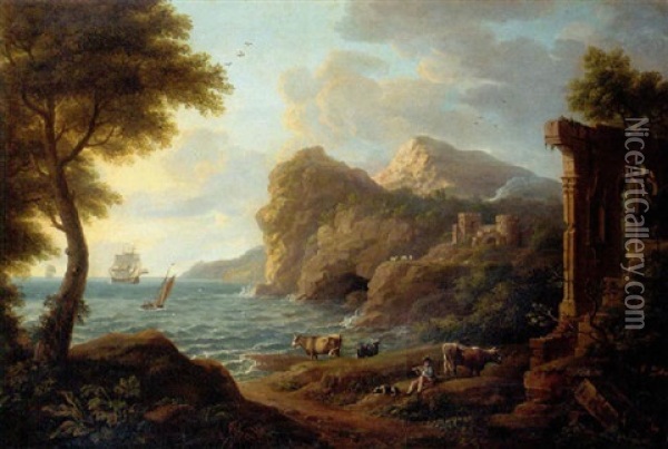 A Drover With Cattle In A Classical Coastal Landscape Oil Painting - Copleston Warre Bampfylde