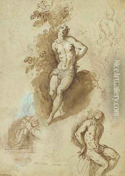 Three studies of Saint Sebastian tied to a tree, Oil Painting - Palma Vecchio (Jacopo Negretti)