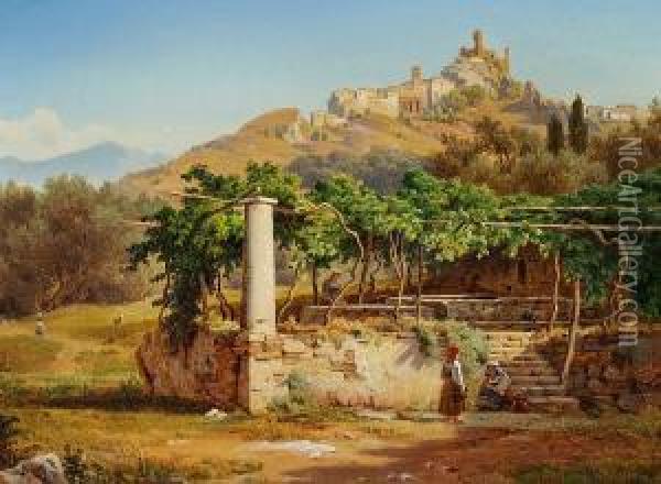 Italian Landscape With A Village On A Mountain Top Oil Painting - Anders Christian Lunde