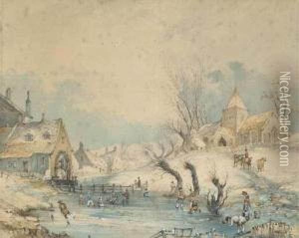 A Frozen Winter Landscape; And Haymaking Oil Painting - William Morris
