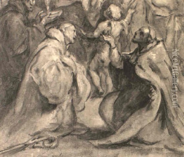 Sts. Benoit, Bernard De Clairvaux And Rupert De Molesme Oil Painting - Caspar de Crayer
