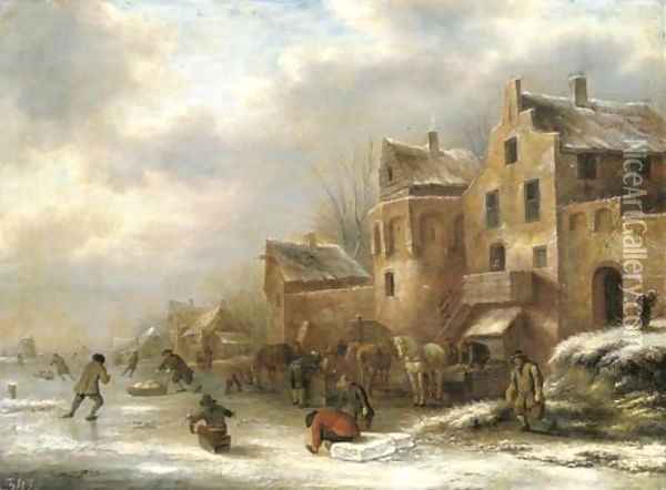 A winter landscape with skaters by a village Oil Painting - Claes Molenaar (see Molenaer)