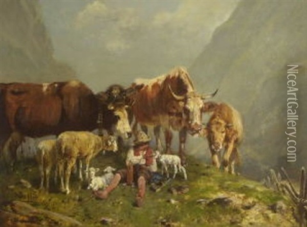 Rastender Huterjunge Mit Vieh In Gebirgslandschaft Oil Painting - Otto Friedrich Gebler