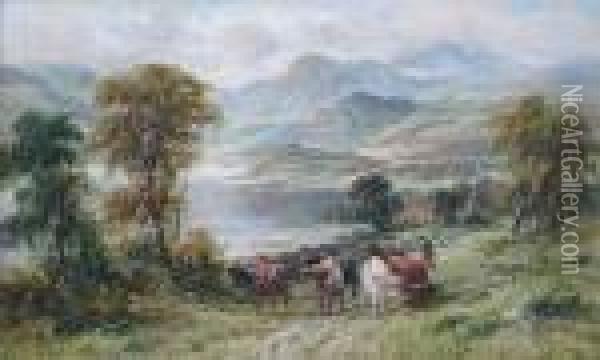 Cattle In A Highland Lake Landscape Oil Painting - William Langley