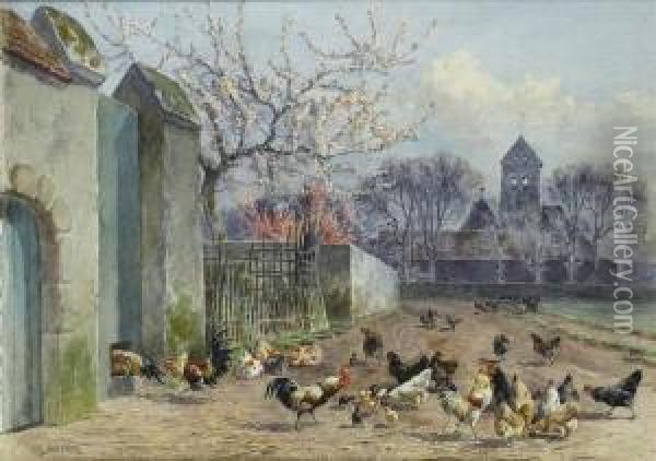 Poultry Bya Barn, A Church Beyond Oil Painting - William Baptiste Baird
