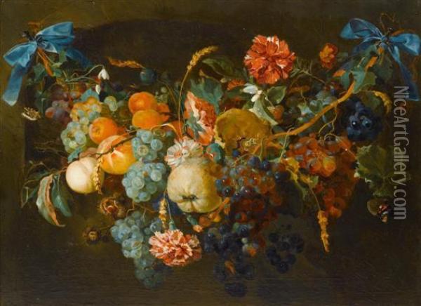 Garlands With Fruits And Flowers Oil Painting - Jan Davidsz De Heem