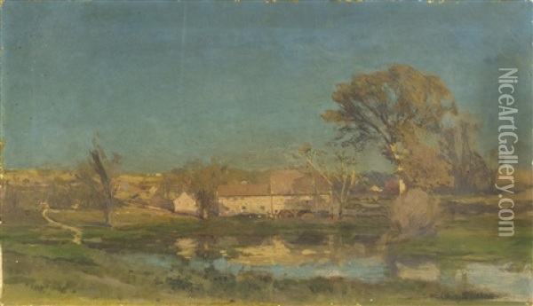 A Barn Seen From Across A Shimmering Pond Oil Painting - Eugene Leslie Smythe