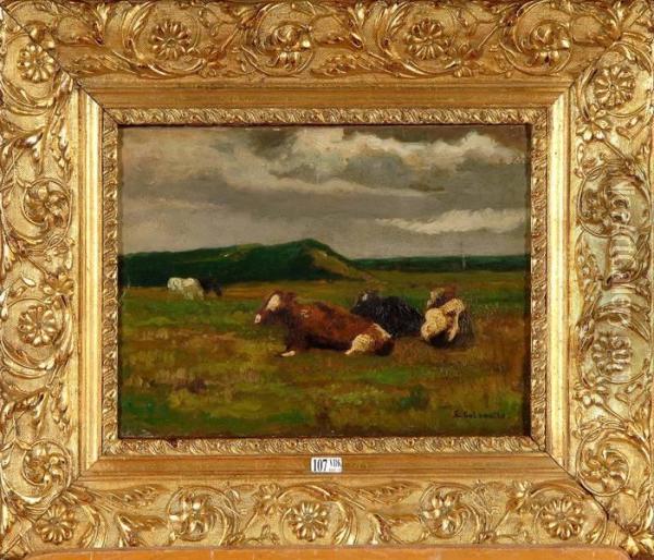 Vaches Couchees Au Pre Oil Painting - Gustaaf Colsoulle
