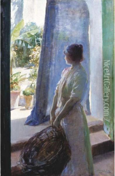 Mujer Asomada A La Puerta Del Jardin Oil Painting - Julio Romero De Torres