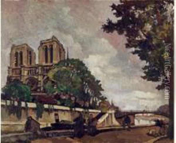 Notre Dame De Paris, Vue Des Quais. Oil Painting - Leon Cauvy