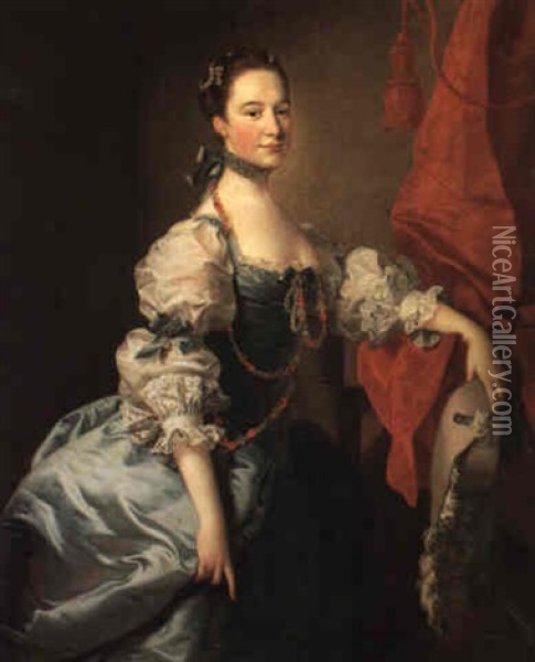 Portrait Of A Lady In A Blue Dress Oil Painting - Thomas Hudson