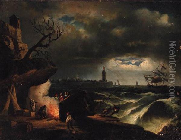 A Moonlit Coastline With A Yacht
 In A Storm Near A Lighthouse Andfisherfolk Around A Fire In The 
Foreground Oil Painting - Claude-joseph Vernet