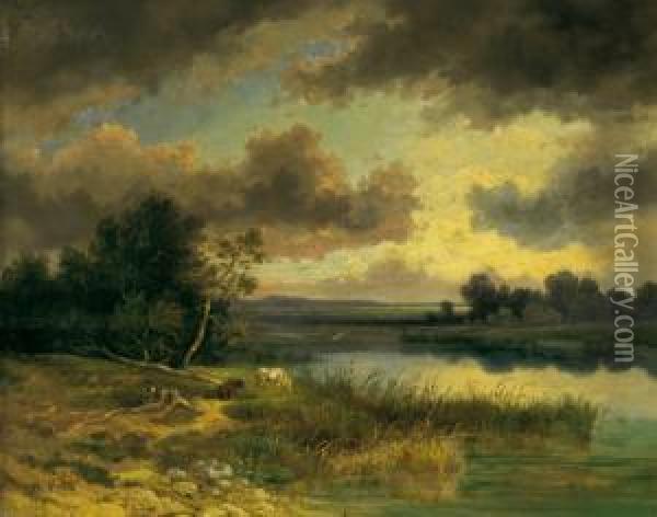 Paesaggio Lacustre Con Pastorella Oil Painting - Wilhelm Steinfeld