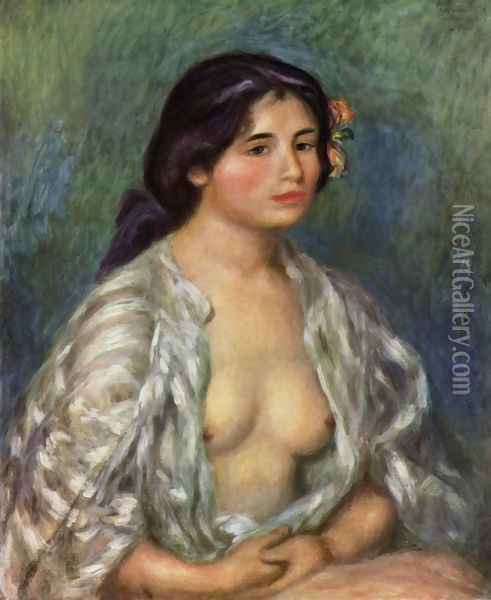 Gabrielle with an open blouse Oil Painting - Pierre Auguste Renoir