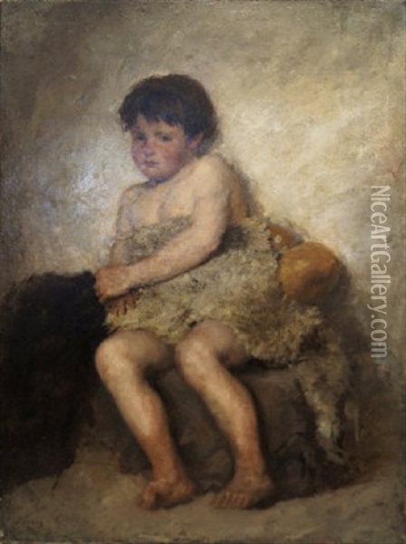 Portrait Of A Young Boy Seated Full Length Wearing Sheepskin Oil Painting - Modesto Brocos y Gomez