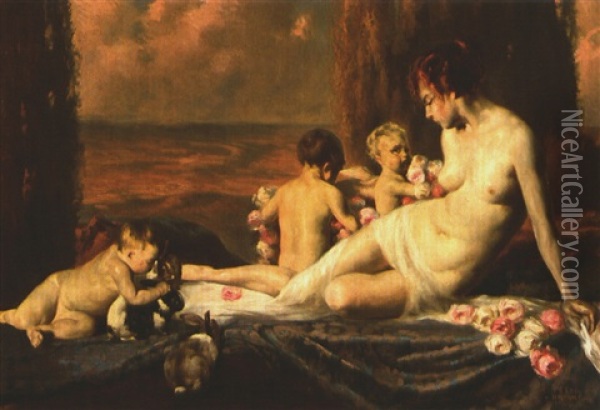 Mutter Mit Kindern Und Kaninchen Oil Painting - Peter von Hamme-Voitus