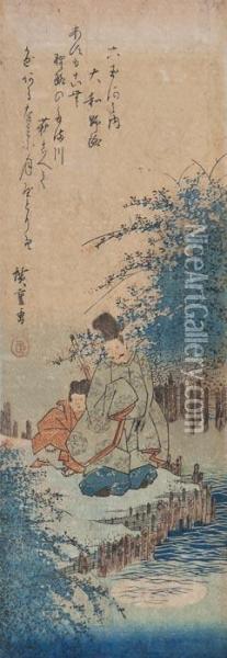 Warrior And Servant Resting On A Riverbank Oil Painting - Utagawa or Ando Hiroshige