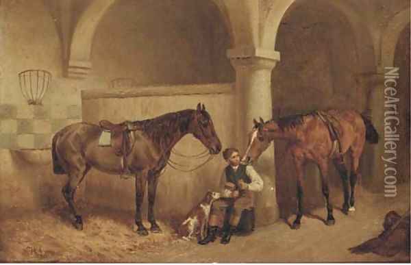A huntsman in a stable Oil Painting - H.F. Lang