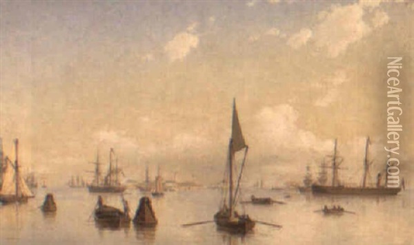 Mogenstemning Over Havet Med Mange Skibe Oil Painting - Carl Emil Baagoe