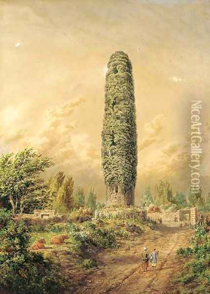 An ivy-covered tower by an open track, Ireland Oil Painting - Cornelius Varley
