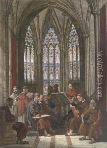 Monks Reading In The Vestry Oil Painting - Samuel A. Rayner