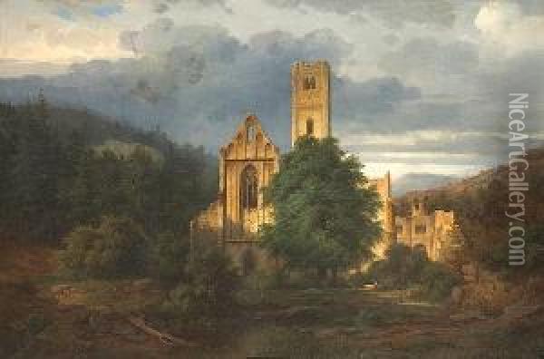 Church Ruins In A Mountainous Landscape Oil Painting - Karl Wurbs