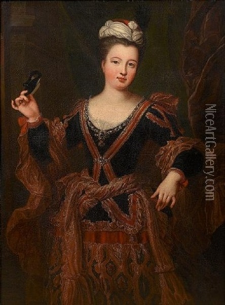 Portrait Of A Lady, Three-quarter-length, In A Dark Blue Dress With Gold Brocade Decoration, Holding A Mask And Standing Before A Curtain Oil Painting - Jean-Baptiste Santerre