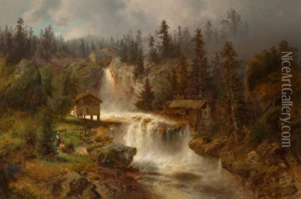 Figures Before A Mill In A Mountainous River Landscape (at The Mill Falls) Oil Painting - Hermann Herzog