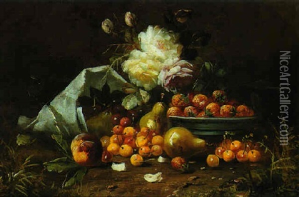 A Still Life With Cherries And Pears And Roses Oil Painting - Max Carlier