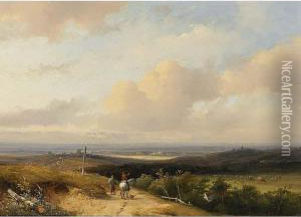 Travellers In An Extensive Summer Landscape Oil Painting - Johannes Franciscus Hoppenbrouwers