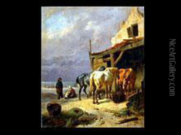 Drei Pferde Und Fischerfamilie Vor Dem Stall Oil Painting - Wouterus Verschuur