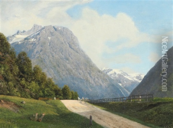 A Norwegian Landscape From Romsdalen Oil Painting - Georg Emil Libert