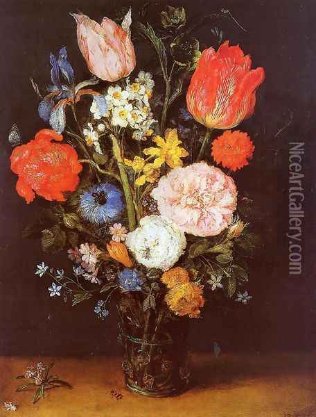 Flowers in a Glass Vase Oil Painting - Jan The Elder Brueghel
