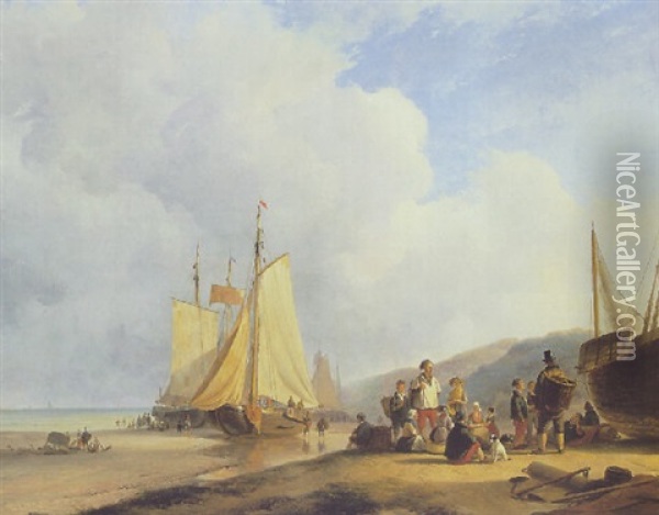 Figures By A Fishmonger On The Beach Oil Painting - Andreas Schelfhout