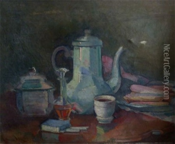 Still Life Study Of Coffee Pot, Sugar Bowl, Liqueur Decanter, Etc. On A Cloth Oil Painting - Guillaume Dulac