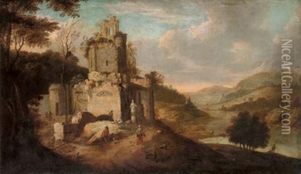 An Italianate Landscape With Figures By Ruins Oil Painting - Franz de Paula Ferg