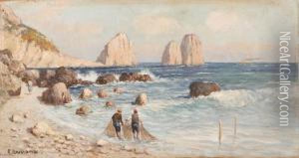 Paesaggio Di Mare Con Coppia Di Pescatori Oil Painting - Edoardo Raimondi