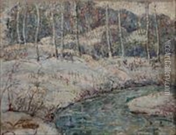 Snow Brook In Connecticut Woods, Winter Oil Painting - Ernest Lawson