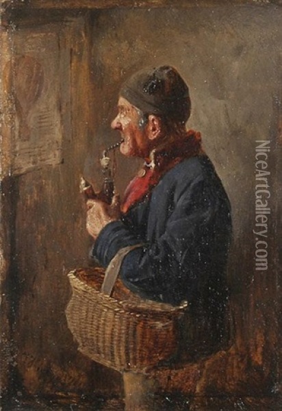 Pfeife Rauchender Bauer Beim Betrachten Eines Plakates Mit Einem Fesselballon Oil Painting - Johann Ferdinand Julius Hintze