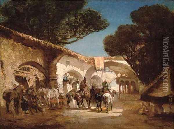 Saddling up at the stables, an Arab street Oil Painting - Alberto Pasini