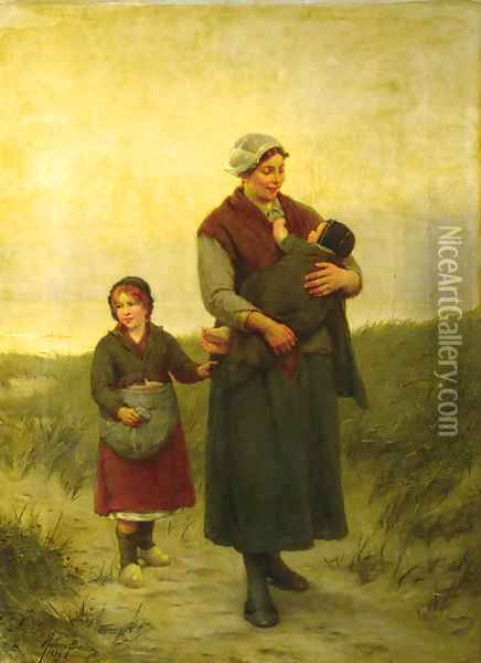 A mother and her children returning home Oil Painting - Henri Jacques Bource
