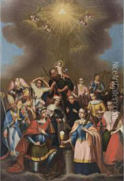 Christ Together With Fourteen Saints, Including St. Barbara, St. Christopher, St. George, St. Hubertus, St. Catharine Of Siena, All Underneath The Trinity Oil Painting - Anton Andreas Neidon