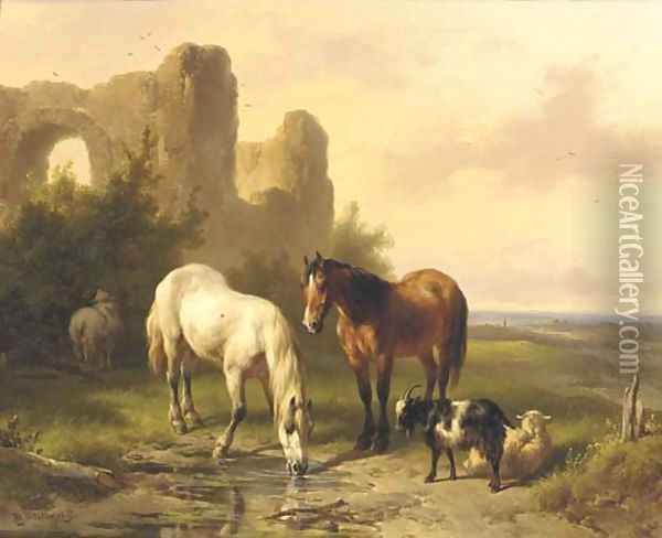 Horses by a ruin in an extensive landscape Oil Painting - Wouterus Verschuur