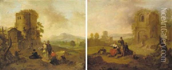 Italianate Landscape With Peasants By Ruined Towers Oil Painting - Franz de Paula Ferg