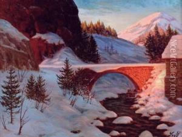 Le Pont Enneige Oil Painting - Piotr Ivanovitch Livoff
