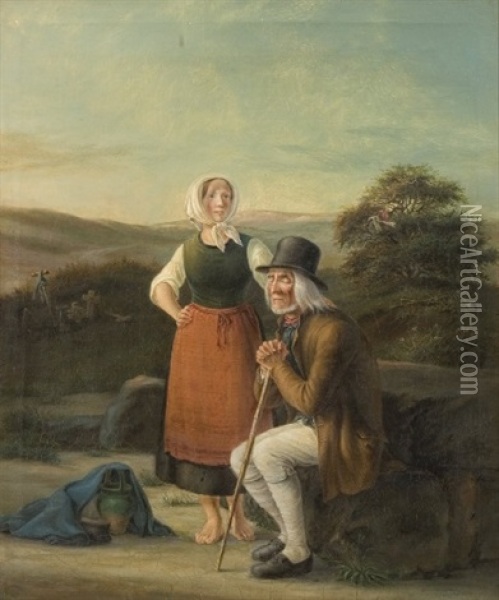 Landskab Med Blind Mand Og Bondepige Ved Sankt Helene Kilde I Tisvilde Oil Painting - Julius Magnus Petersen