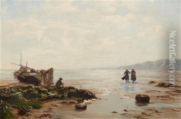 Breton Coastal Scene With A Fisher And Mussel Gatherers Oil Painting - Eduard Spoerer