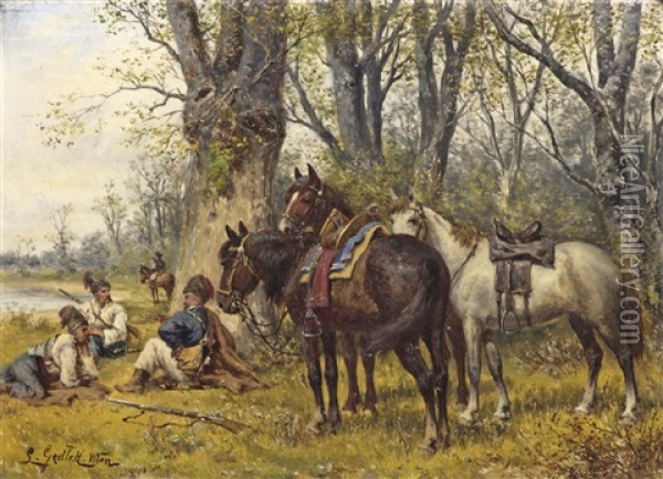 Hussars On Patrol In A Wooded Landscape Oil Painting - Ludwig Gedlek